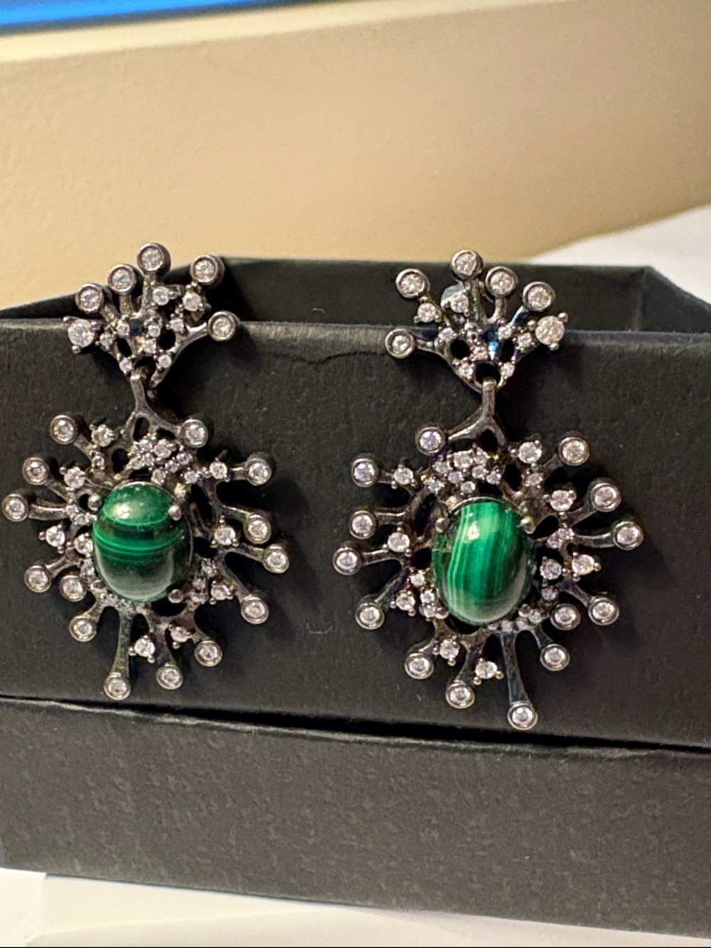 Green Malachite and Brushed Sterling Silver Crystal Drop Earrings by Hespera